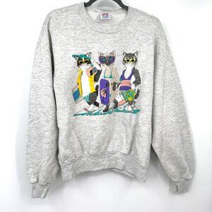 Vintage '90s Cute Cat Kitten Sweatshirt size large cats beach pool sunglasses *r
